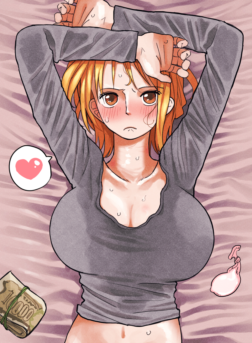 1girls after_sex arms_up banknote bed_sheet blush breasts cleavage commentary condom female female_only grey_shirt heart hickey highres large_breasts long_sleeves looking_at_viewer lying money nami_(one_piece) navel nose_blush on_back one_piece orange_hair prostitution reona_(mesuinupoke) shirt solo spoken_heart sweat sweat_stain sweatdrop sweaty_clothes upper_body used_condom