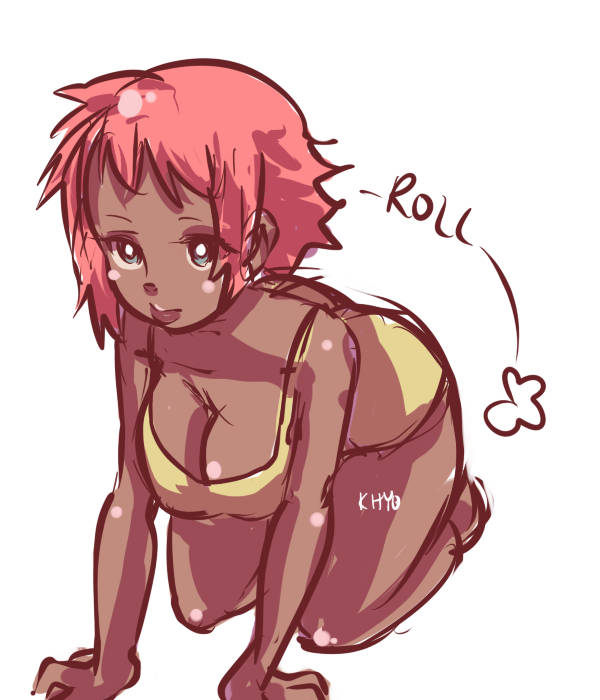 breasts cleavage coral_pink_hair dark-skinned_female dark_skin english_text female female_focus green_eyes kirahatesyou pink_hair rolling solo teal_eyes text yellow_clothing