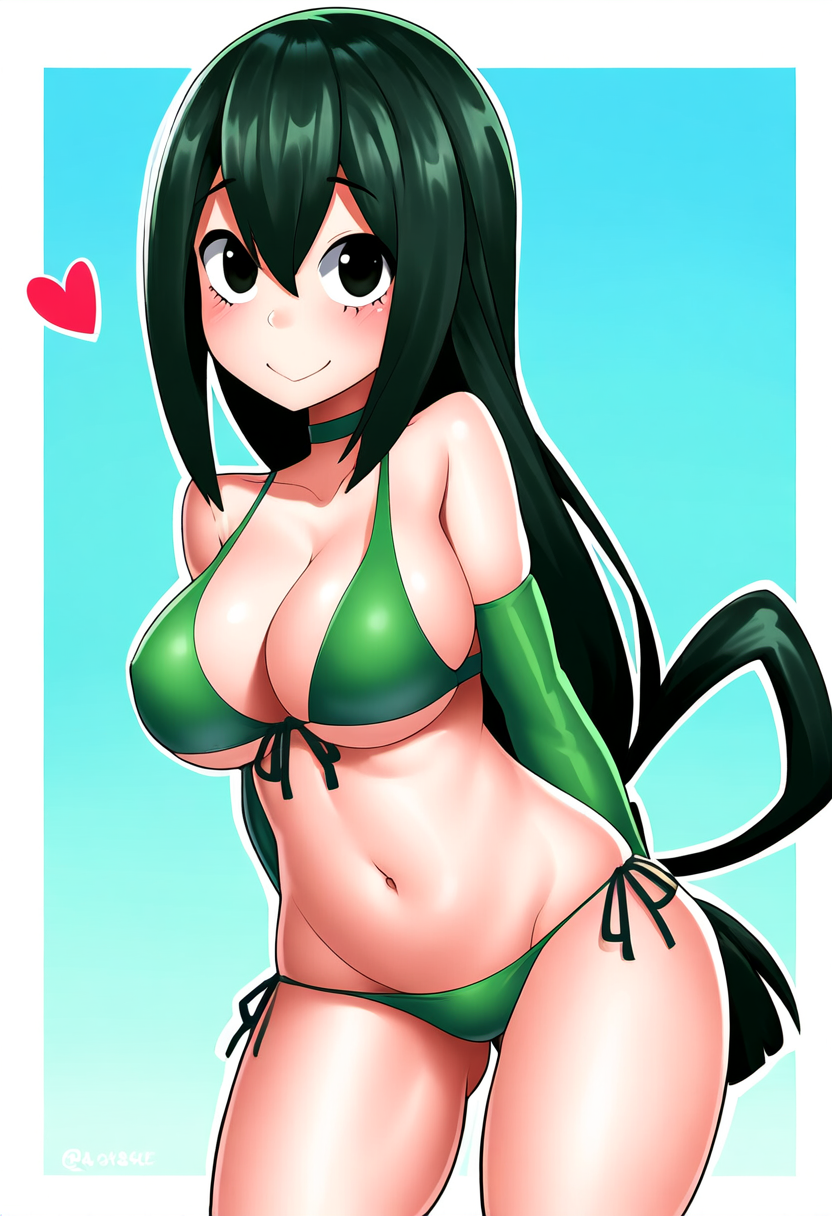 1girls ai_generated bikini blush breasts female female_focus female_only green_eyes green_hair long_hair looking_at_viewer my_hero_academia novelai simple_background solo tsuyu_asui unique_hair