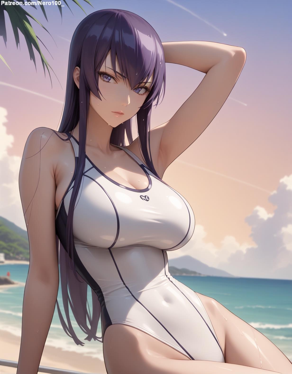 1girls, 2d, ai generated, ass, athletic, athletic female, bare shoulders, beach, belly, big breasts, breasts, curvy, curvy figure, cute, cute face, detailed, eyelashes, eyeshadow, female, female only, fit, fit female, focus, high quality, highschool of the dead, huge breasts, large breasts, legs, light skin, light-skinned female, lips, lipstick, long hair, looking at viewer, makeup, mascara, midriff, one-piece swimsuit, outdoors, outside, pale skin, pale-skinned female, posing, purple hair, saeko busujima, sagging breasts, seductive, seductive look, stable diffusion, swimsuit, tagme, thighs, thin thighs