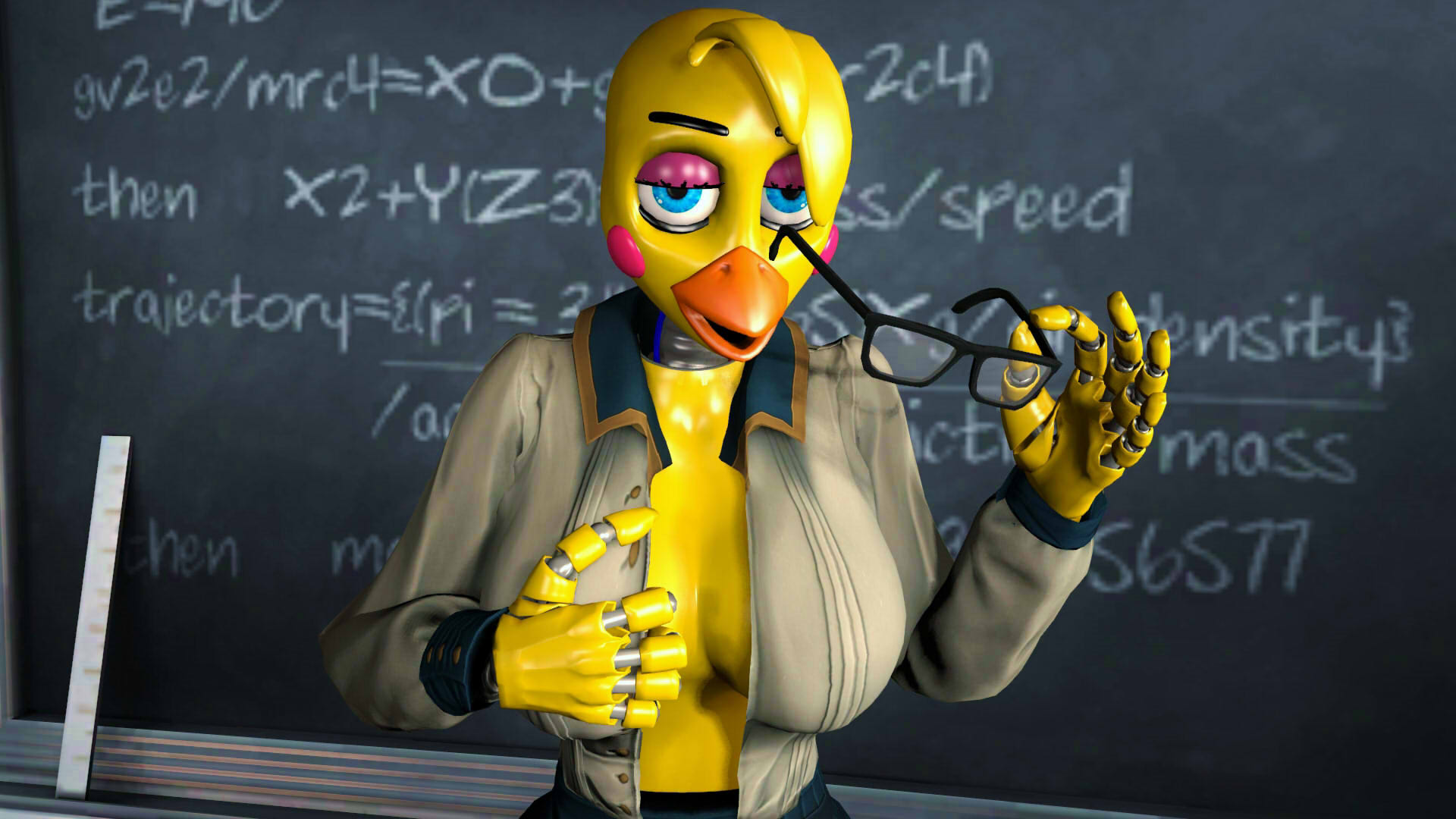 3d, animatronic, beak, chica (disembowell), cosplay, female, five nights at freddy's, lockjawsfm, robot, solo, source filmmaker, teacher, toy chica (fnaf)