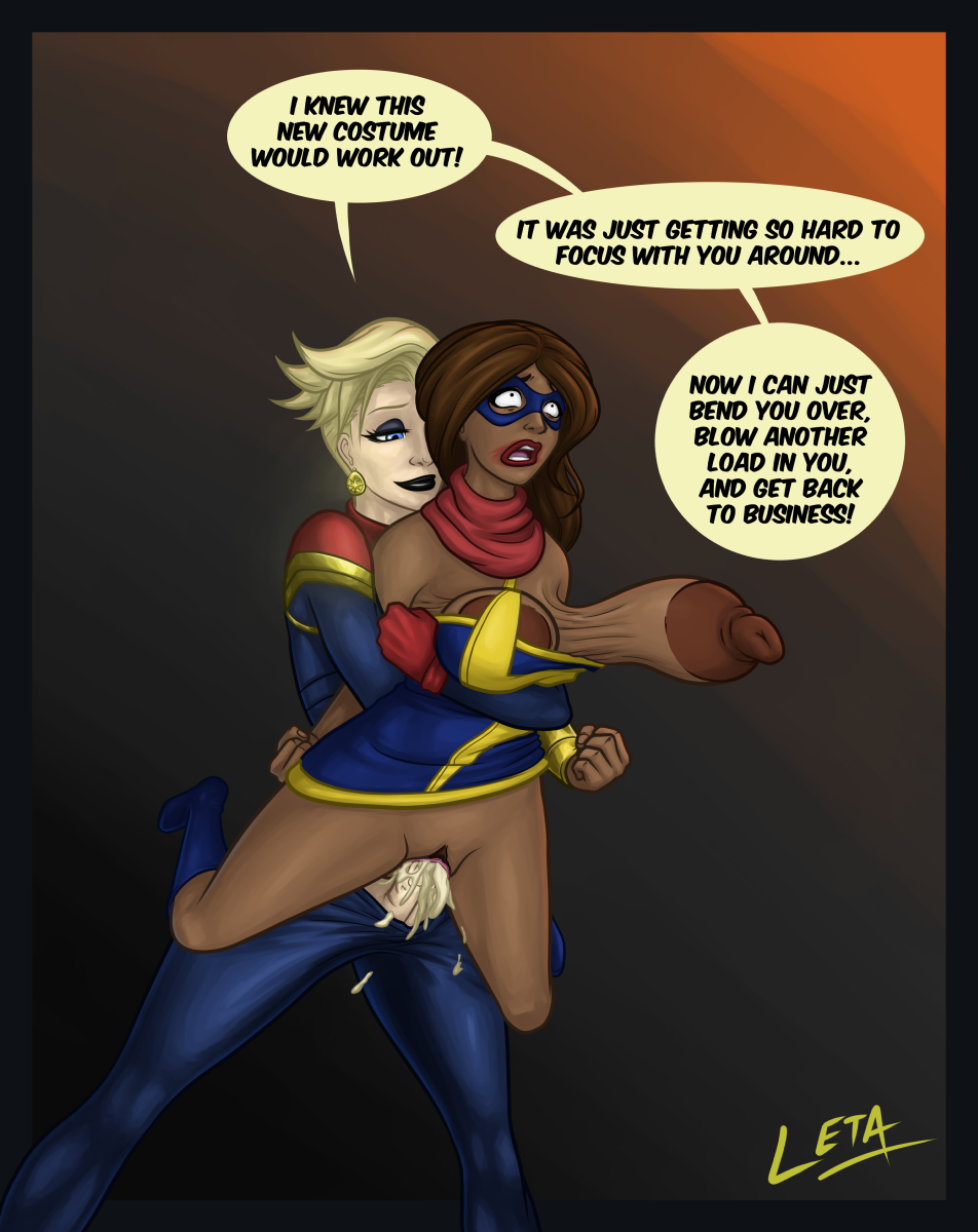 areola, areolae, blonde hair, breasts, brown hair, captain marvel, carol danvers, cum, cum drip, cum in pussy, cum inside, dark skin, dark-skinned female, dialogue, female, futa on female, futanari, huge areolae, interracial, intersex, kamala khan, large breasts, leta, makeup, marvel, marvel comics, ms. marvel, penetration, pussy, rape, sagging breasts, sex, thick thighs, thighs, used, vaginal penetration