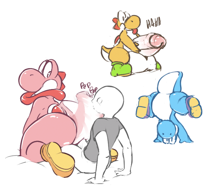 ambiguous_gender anal anal_sex anthro balls big_balls clothing cyan_yoshi erection featureless_crotch footwear huge_balls human human_on_anthro humanoid_penis hyper hyper_balls hyper_penis interspecies long_tongue male male/ambiguous male_only mammal mario_(series) multiple_images nintendo orange_yoshi penetration penis pink_yoshi retracted_foreskin shoes slightly_chubby somnamg spread_legs spreading tongue tongue_out uncut video_games yoshi