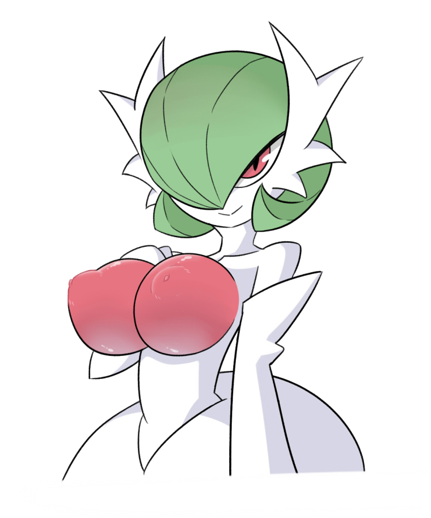 1girls, 321go!, areolae, between breasts, blush, breasts, collarbone, egnahcio, erection, female, female gardevoir, female only, gardevoir, green hair, hair over one eye, half-closed eyes, hand on own chest, hand up, highres, inverted nipples, large breasts, looking at viewer, mega evolution, mega gardevoir, mega pokemon, nintendo, nipples, open mouth, pokemon, pokemon (species), pokemon rse, pokemon xy, red breasts, red eyes, short hair, simple background, smile, solo, straight, upper body, white background