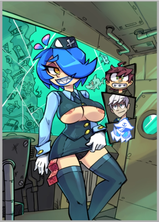 big breasts, blue hair, breasts, condom packet strip, female, gerph, low res, lowres, male, showing, showing off, skarp world, skarpne (skarp world), teasing, yellow eyes