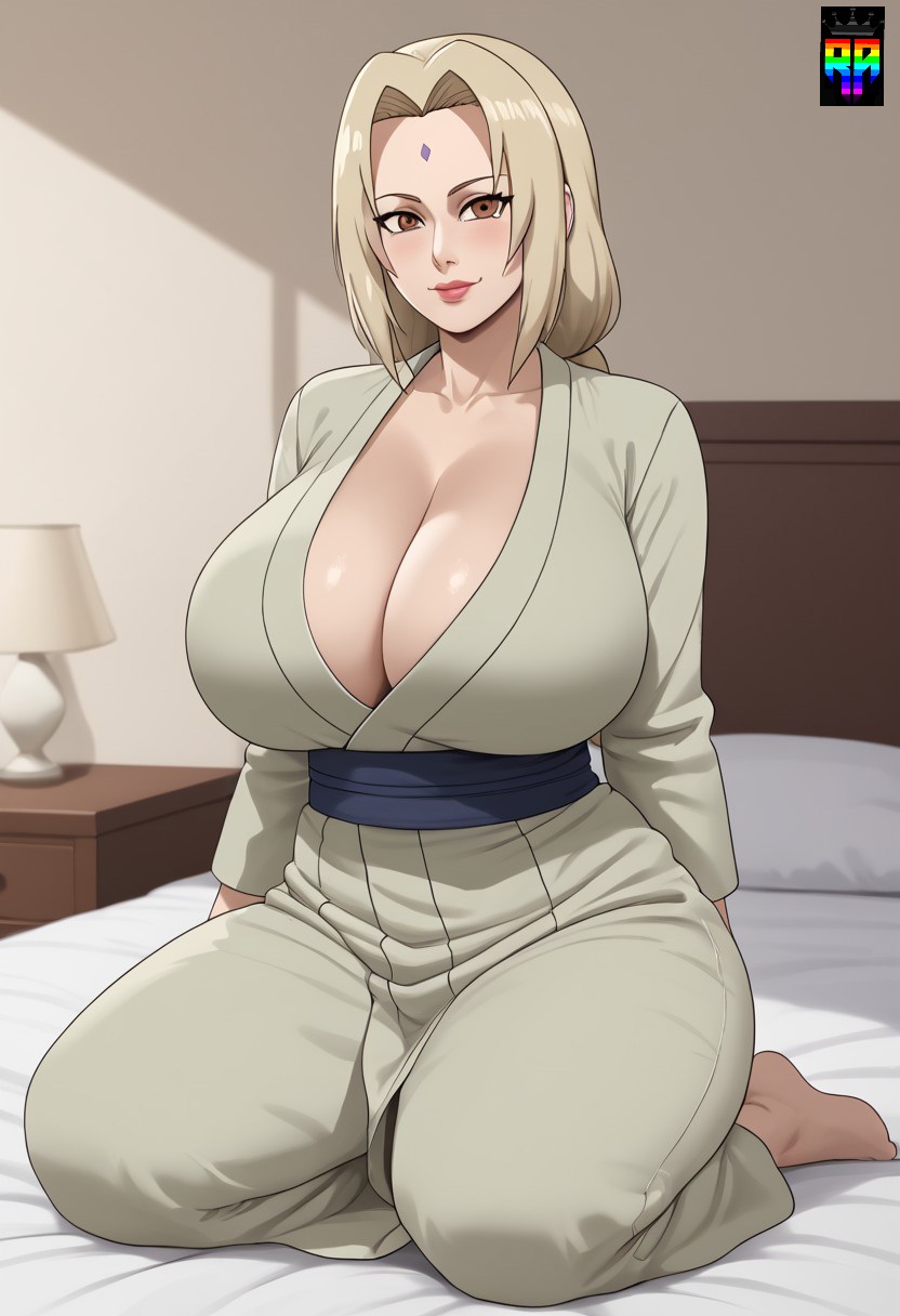 ai generated, breasts, cute face, female, long hair, massive breasts, mommy, naruto, naruto (series), naruto shippuden, repartz, thick thighs, tsunade