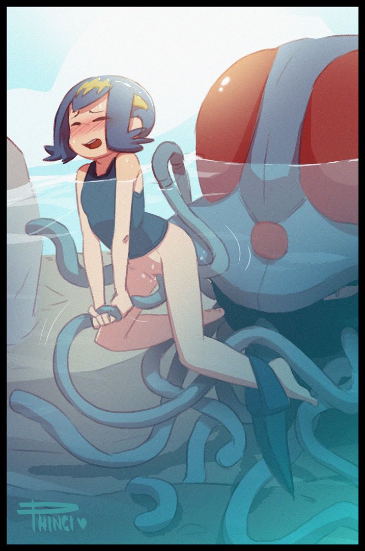 1girls ambiguous_gender artist_name bare_shoulders barefoot black_border blue_hair blush bottomless closed_eyes feet female flat_chest hairband heart holding human interspecies lana_(pokemon) nintendo one-piece_swimsuit open_mouth outdoors partially_submerged penetration phinci pokemon pokemon_sm pokephilia pussy resisting sex short_hair size_difference small_breasts stealth_sex swimsuit tentacle tentacle_sex tentacles tentacruel text toes uncensored underwater vaginal_penetration water wet