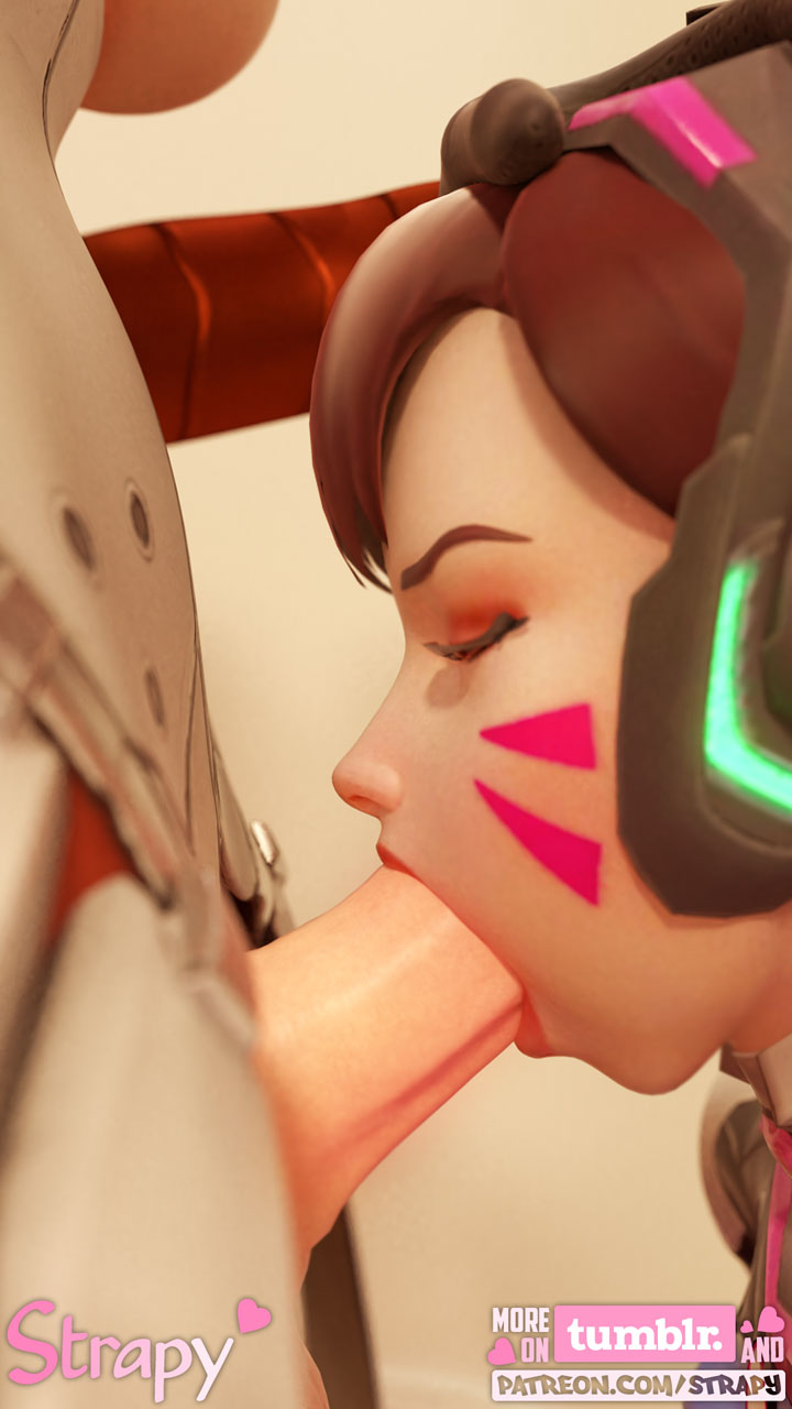 3d, blender, breasts, cleavage, d.va, dickgirl, erection, fellatio, futanari, intersex, mercy, oral, overwatch, penis, strapy