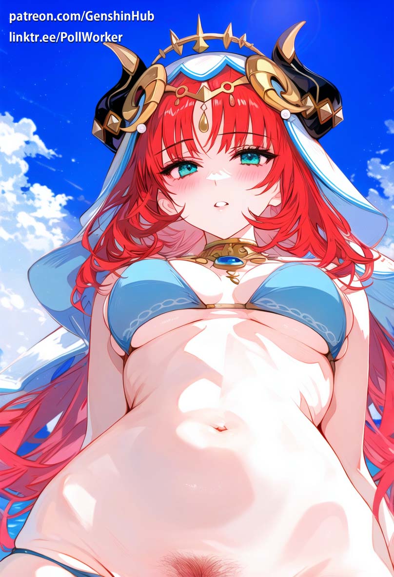 1girls, ai generated, bikini, blue eyes, blush, breasts, female, genshin impact, horns, looking at viewer, low-angle view, nai diffusion, nilou (genshin impact), pubes, pubic hair, red hair, red pubic hair, stable diffusion, underboob, veil