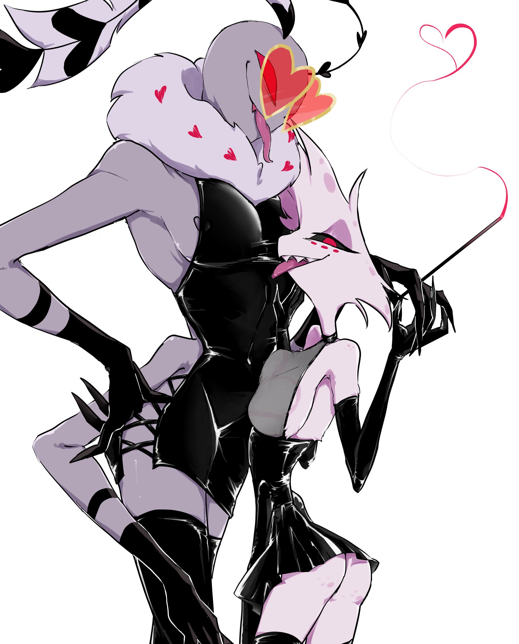 angel dust (hazbin hotel), clothed, gay, hazbin hotel, height difference, male, no sex, skirt, smile, smoke, tongue, tongue out, valentino (hazbin hotel), vivziepop