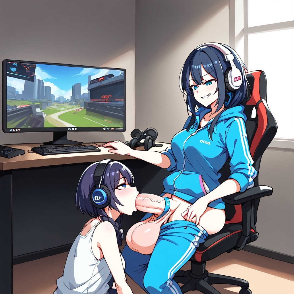 1futa, 1girls, ai generated, balls, blowjob, cock ring, female, futanari, gamer girl, intersex, large balls, large penis, oc, penis, spartan25, uncensored