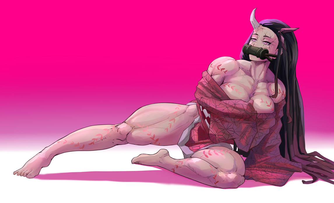 1girls aged_up alternate_breast_size big_breasts black_hair calf_muscles covered_mouth demon demon_girl demon_slayer feindall fit_female gagged_female kamado_nezuko markings muscular muscular_female muscular_legs muscular_thighs nezuko_(demon_form) one_horn oni oni_female pink_clothing pink_eyes tattoos