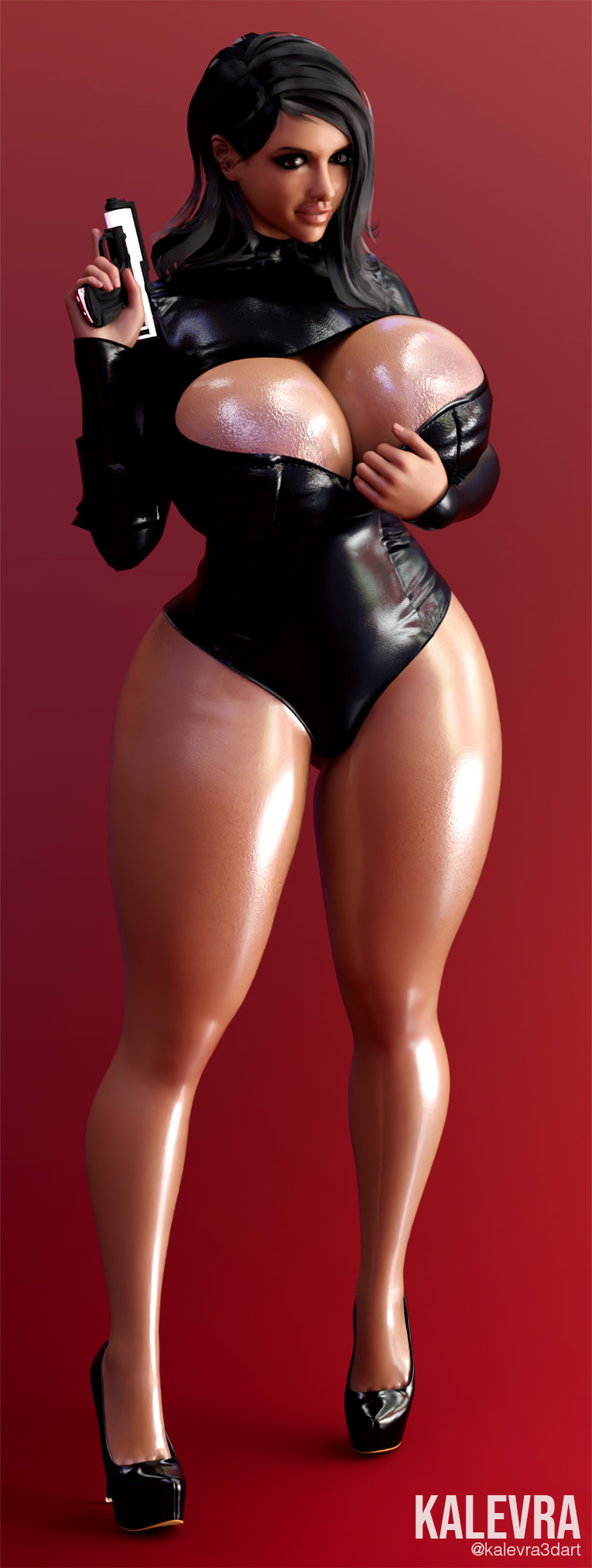 1girl 3d 3d_(artwork) artist_name big_boobs big_breasts black_bodysuit black_eyes black_hair black_heels black_high_heels bodysuit breasts cleavage cleavage_cutout eyelashes female female_focus female_only firearm gun handgun haydee haydee_2 heels high_heels huge_boobs huge_breasts kalevra kay_davia large_boobs large_breasts long_hair medium_hair pose posing posing_with_weapon pulling_clothing red_background simple_background solo solo_female thick thick_ass thick_butt thick_hips thick_legs thick_lips thick_thighs woman