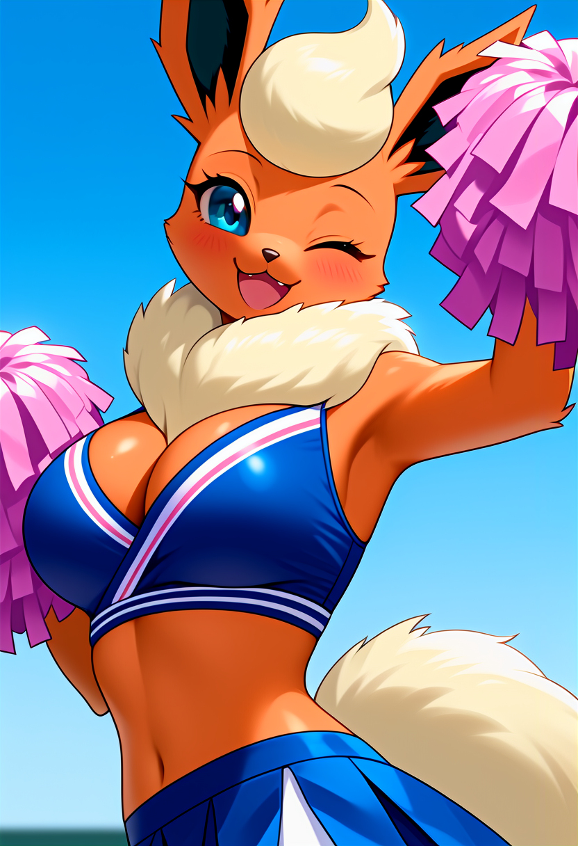 ai_generated anthro big_breasts blue_skirt breasts cheerleader cheerleader_uniform cleavage creatures_(company) eeveelution female female_focus female_only flareon fluffy_tail kemonogirls large_breasts nintendo orange_body orange_fur pleated_skirt pokemon pokemon_(species) solo underwear