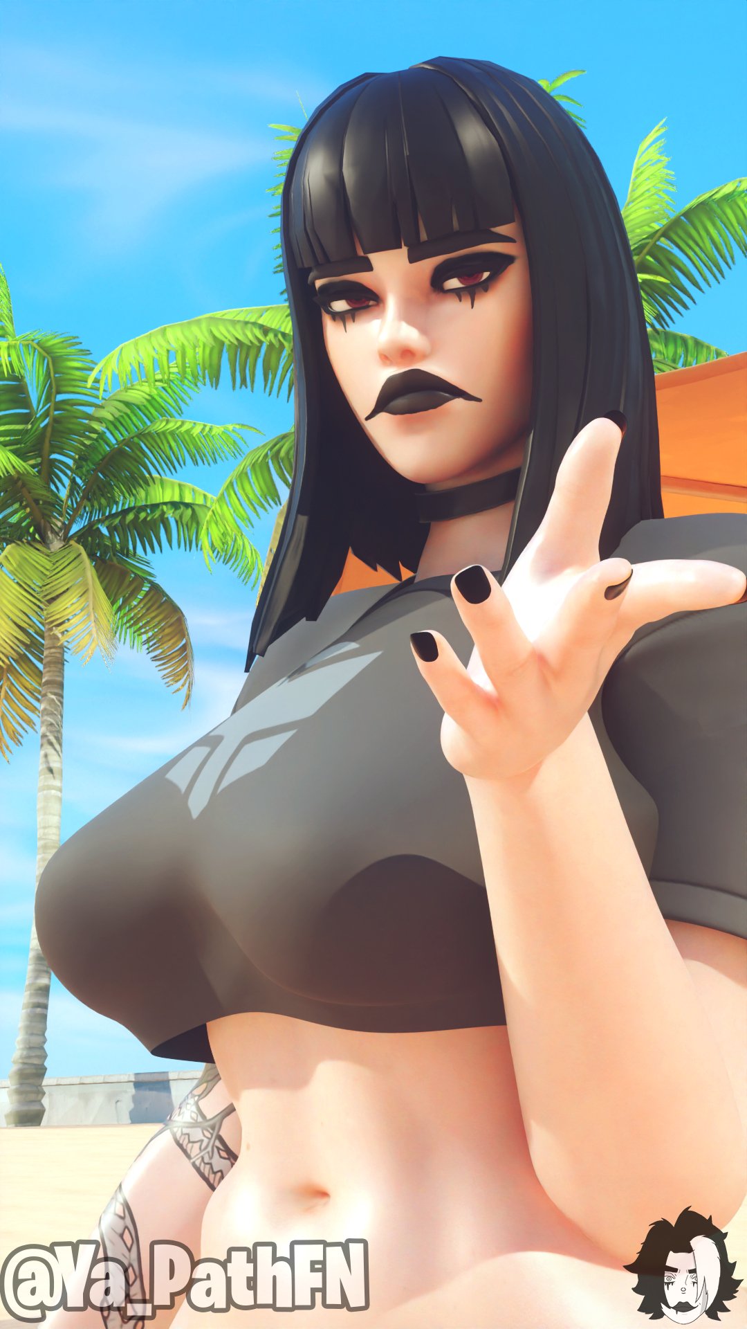 3d beach black_hair black_nails blender charlotte_(fortnite) choker crop_top epic_games female fortnite goth looking_at_viewer palm_tree shirt tattoo umbrella ya_path