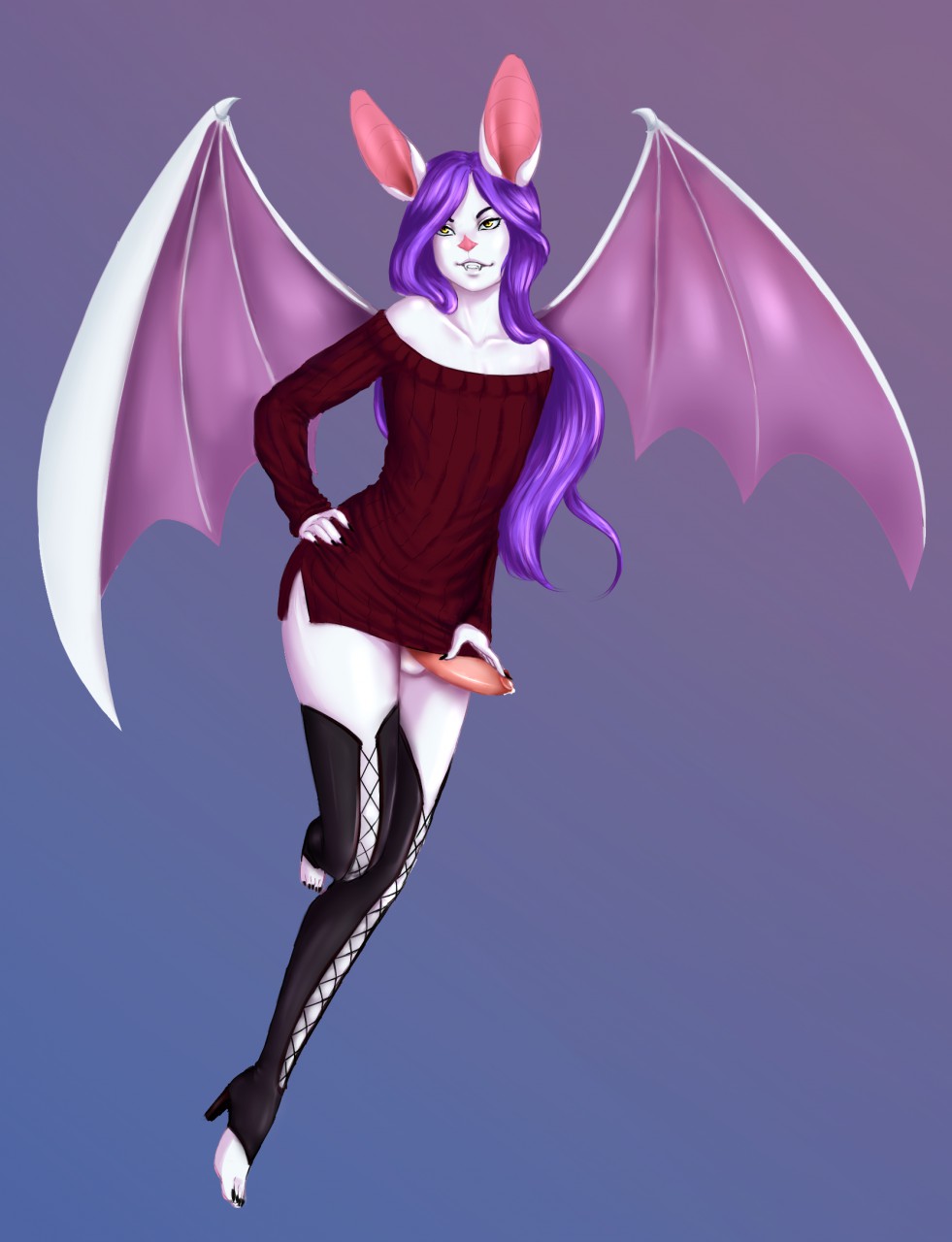 1boy bat bat_wings boots clothed clothing crossdressing footwear girly hair helmed helmed_(character) high_heels long_hair male male_only mammal membranous_wings nao(naomi) penis solo sweater thigh_highs tight_clothing toes trap_(disambiguation) wings