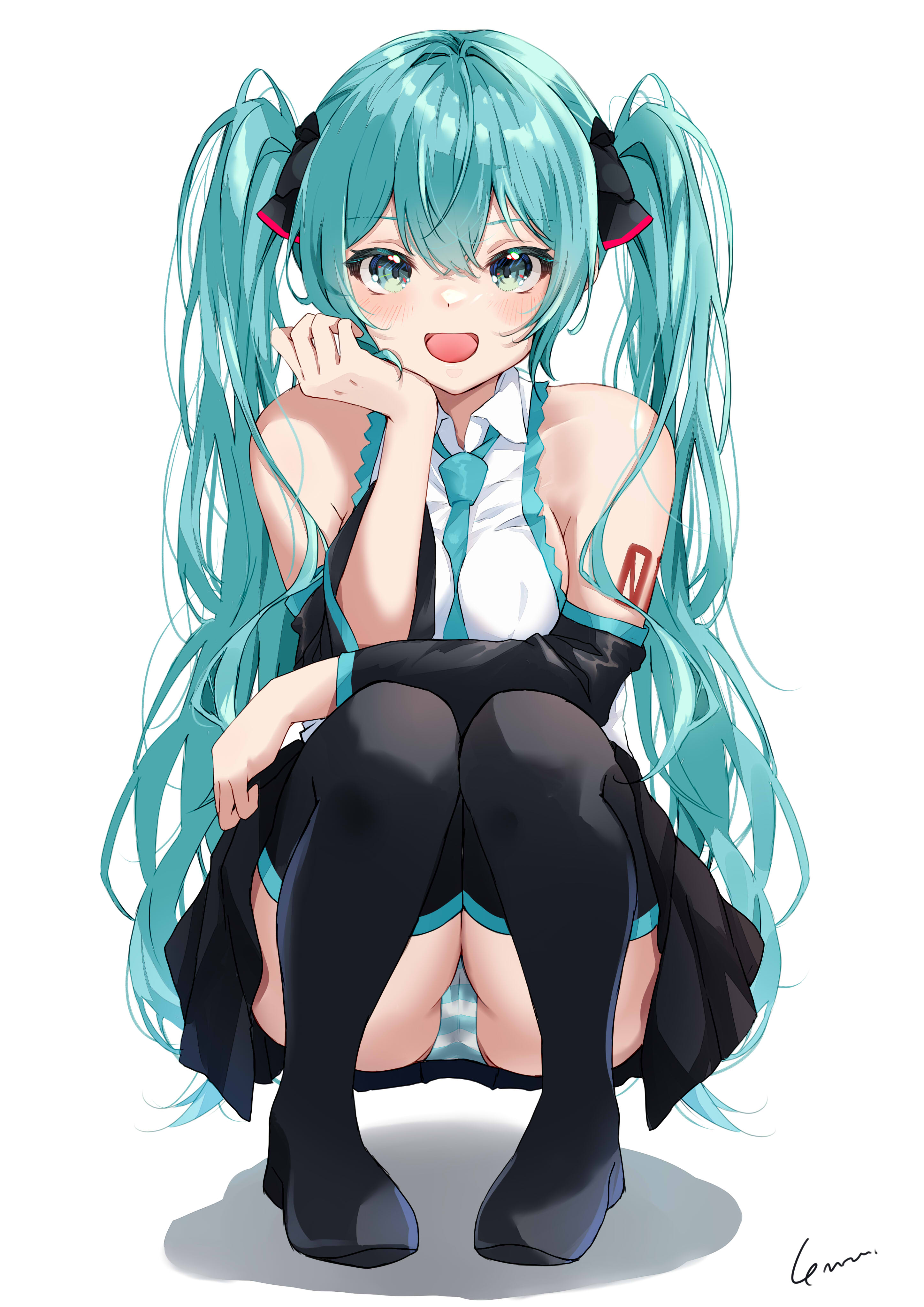 :d, 1girl, anzu (x anzu ill), aqua eyes, aqua hair, bangs, bare shoulders, black footwear, black skirt, black sleeves, black thighhighs, blue eyes, blue hair, blush, boots, bow, breasts, clothed, collared shirt, detached sleeves, female, hair between eyes, hair bow, hand on chin, hatsune miku, kneeling, long hair, looking at viewer, medium breasts, necktie, necktie between breasts, open mouth, panties, pantyshot, pleated skirt, shirt, simple background, skirt, sleeveless, sleeveless shirt, smile, smiling, solo, squatting, striped, striped panties, tagme, tattoo, thigh boots, thighhigh boots, thighhighs, thighs, twintails, underwear, upskirt, very long hair, vocaloid, watermark, white background, white shirt