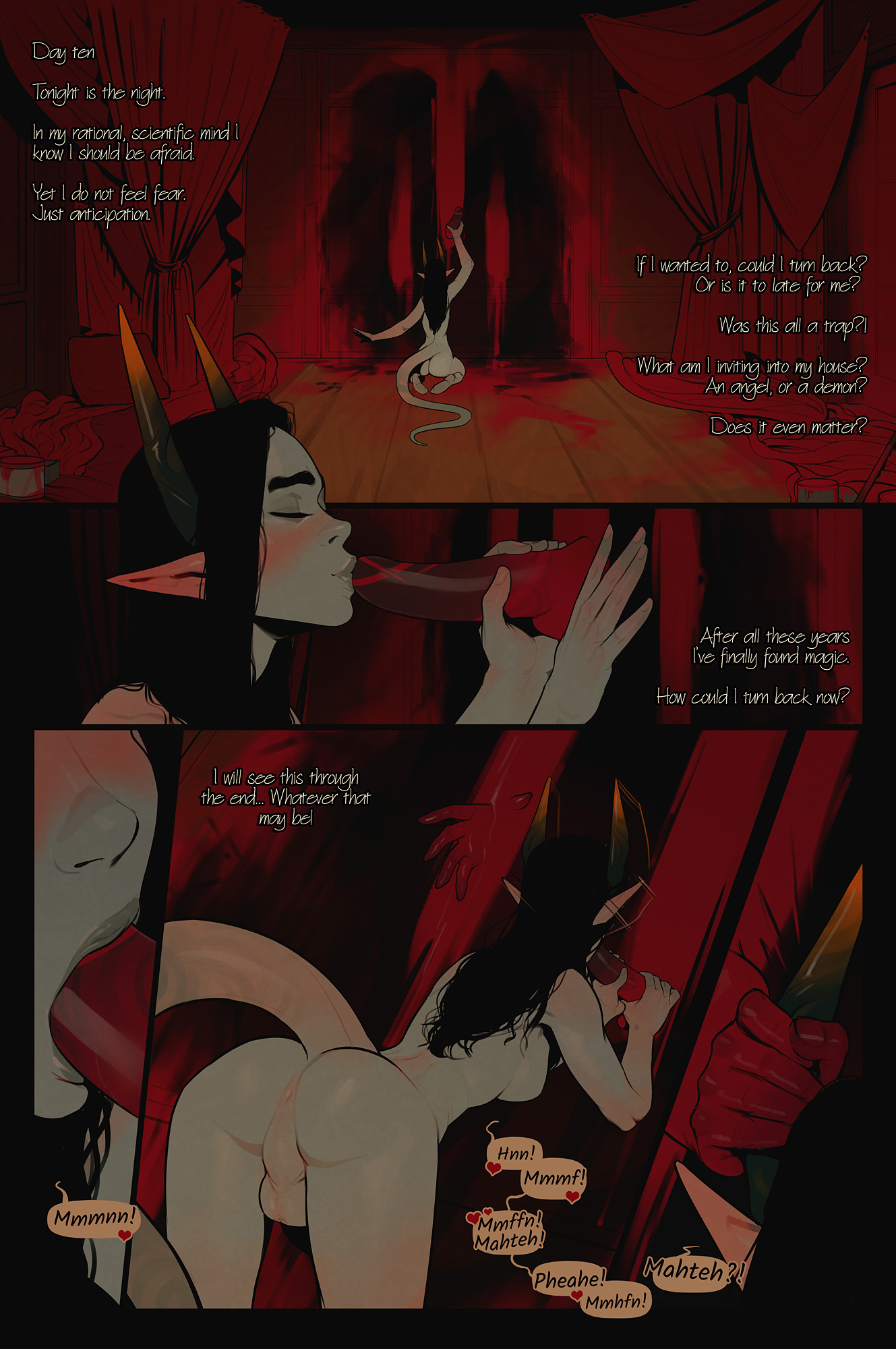anus, areolae, ass, balls, breasts, comic, demon, dickgirl, erection, fellatio, futanari, horns, incase, intersex, nipples, oral, penis, testicles, text, the invitation (comic), william loving iii (incase)