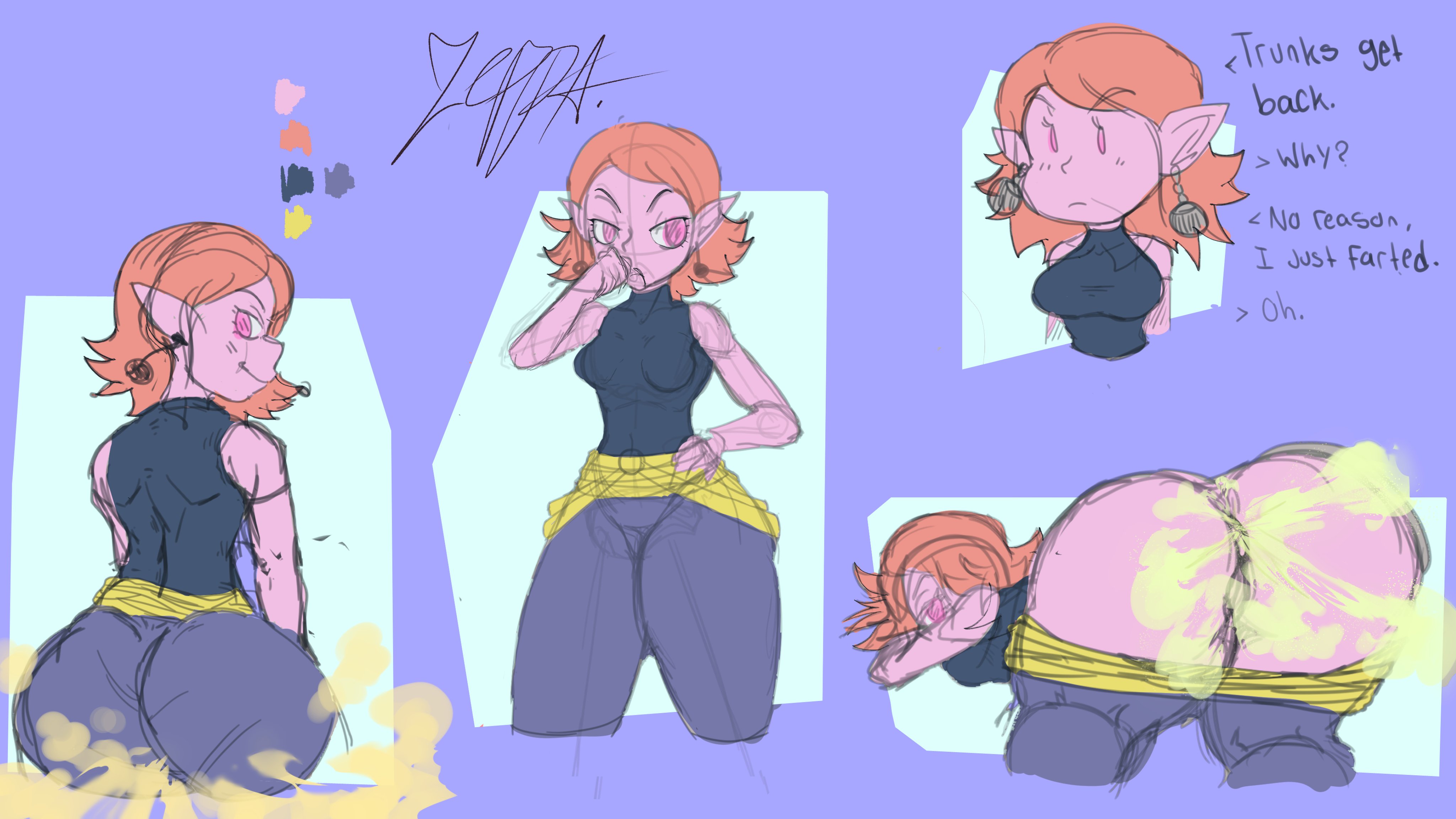 1girls, anus, ass, bent over, big ass, chronoa, dialogue, dragon ball, dragon ball z, earrings, fart, fart cloud, fart fetish, farting, female, pink hair, pink skin, pussy, shortstack, supreme kai of time, text, zeppauwa