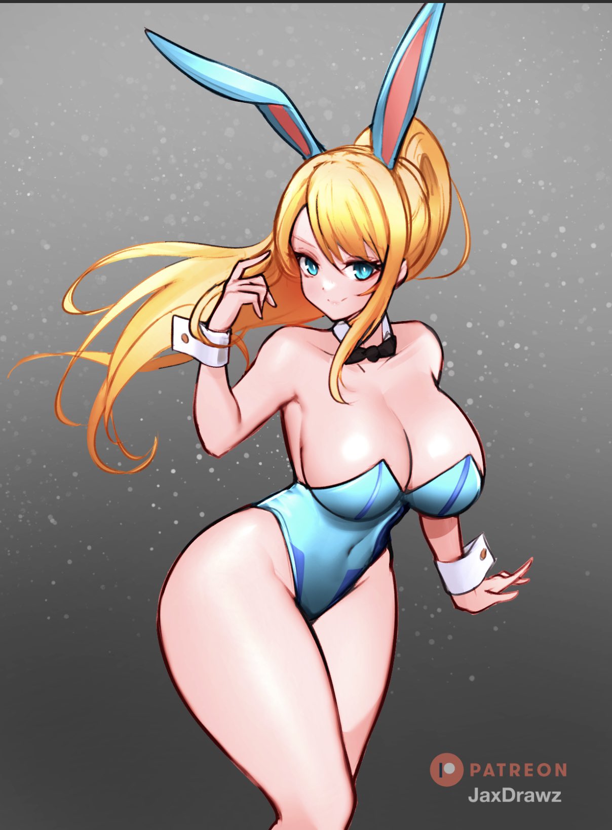 1girls 2d 2d_(artwork) 2d_artwork big_boobs big_breasts blonde_hair blue_eyes bowtie bunny_ears bunnysuit clothed female human jaxdrawz light-skinned_female looking_at_viewer metroid patreon ponytail samus_aran simple_background skimpy smile solo solo_female tagme thick_thighs wrist_cuffs