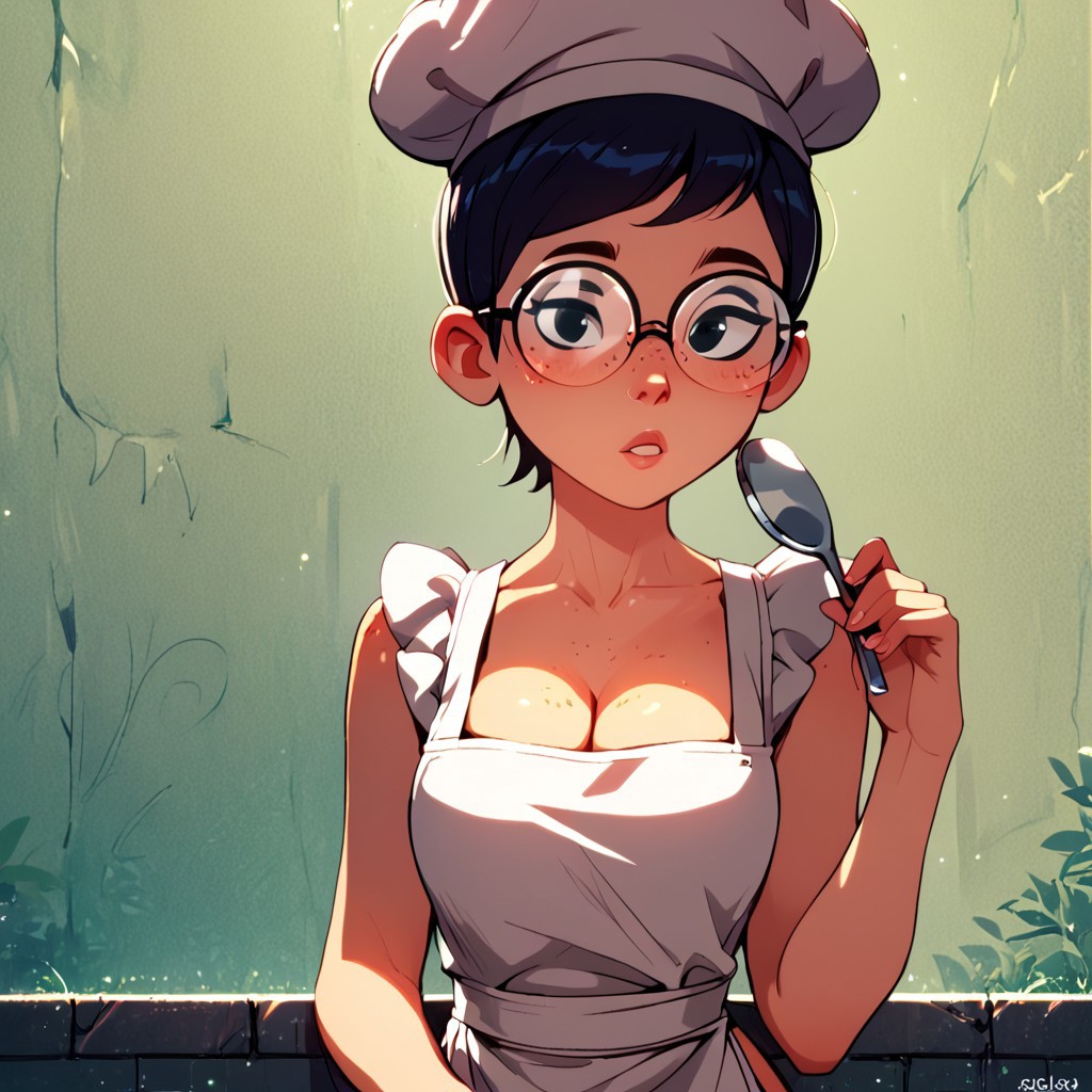 1girls ai_generated almost_naked apron apron_only barely_clothed breasts breasts carmen_sandiego_(2019) carmen_sandiego_(franchise) cleavage clothing female female female_focus female_only glasses julia_argent julia_argent_(carmen_sandiego) looking_at_viewer mostly_nude naked_apron no_bra short_hair solo solo_female solo_focus spoon standing zupern0va_(manipper)