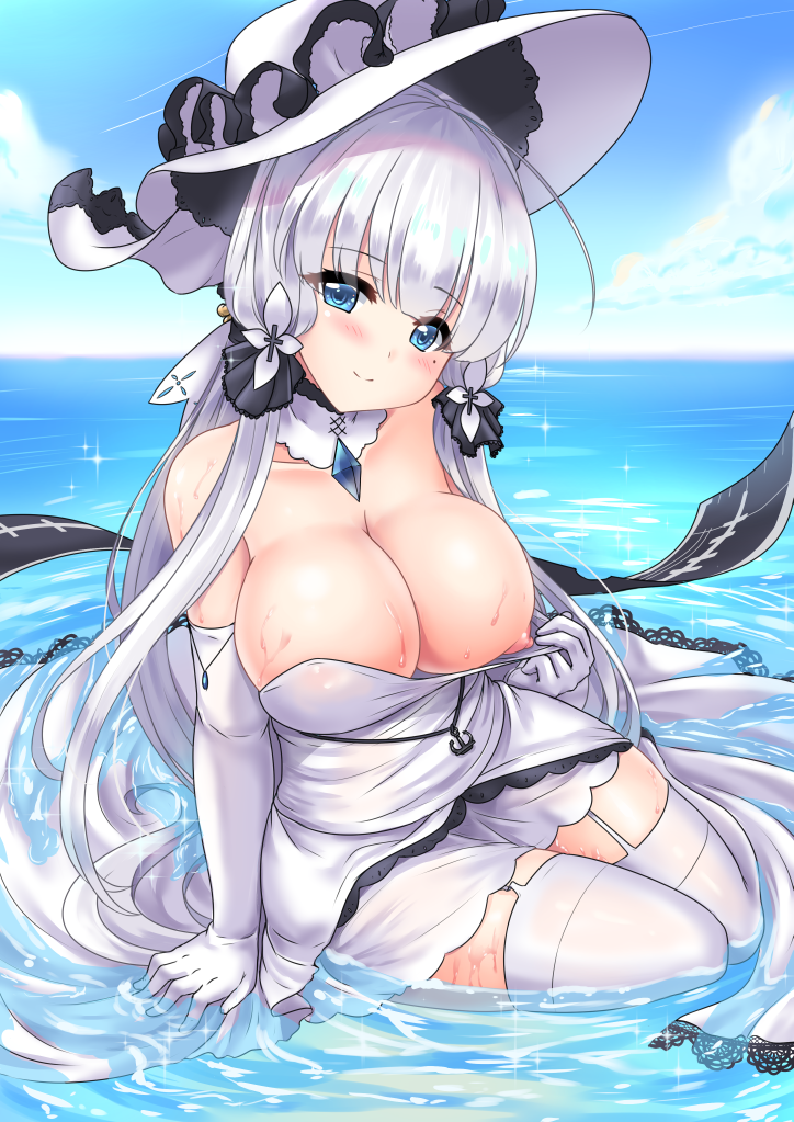 azur_lane bangs blue_eyes blunt_bangs blush breasts dress dress_pull elbow_gloves female garter_straps gloves illustrious_(azur_lane) large_breasts long_hair looking_at_viewer miyuki_rei mole mole_under_eye nipples ocean one_breast_out sitting smile solo sweat thighhighs twintails wet white_dress white_gloves white_hair white_legwear yokozuwari