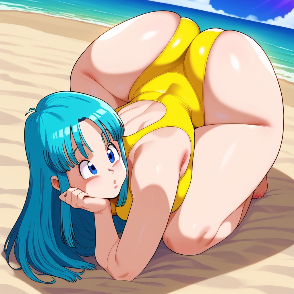 1girls, ai generated, ass, ass focus, beach, blue eyes, blue hair, dragon ball, dragon ball z, female, female focus, female human, female only, huge ass, maron, swimsuit, yellow swimsuit