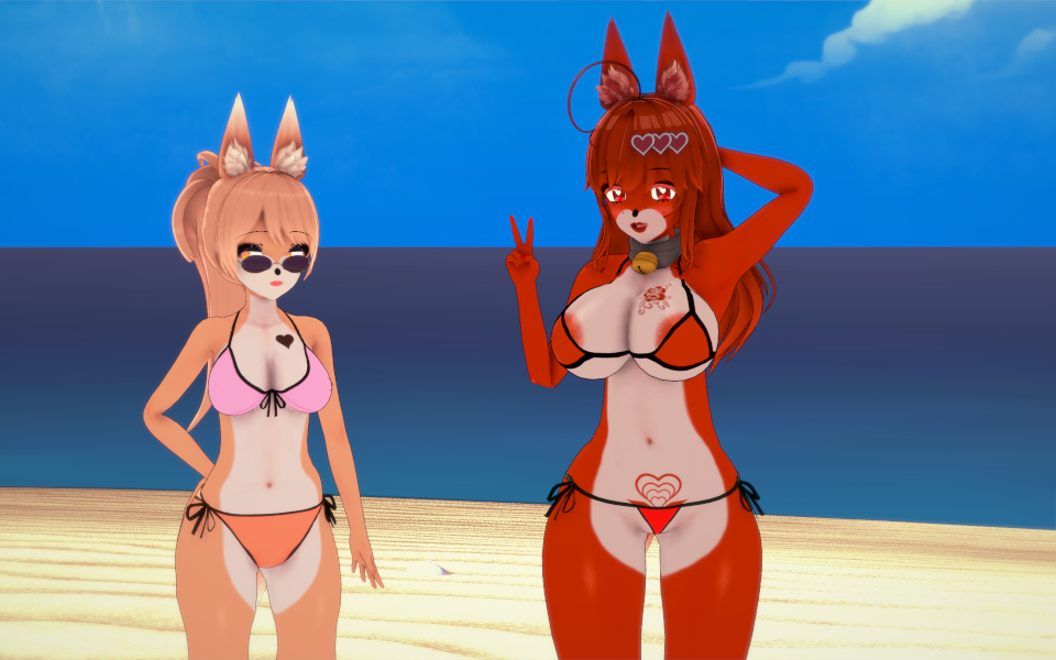 3d 3d_(artwork) 3d_model beach bikini blonde_hair charastudio clothed clothed_female furry furry_ass furry_ears furry_female koikatsu micro_bikini original_character peace_sign red_fur red_hair red_lipstick sisters tatoos yellow_eyes yellow_fur