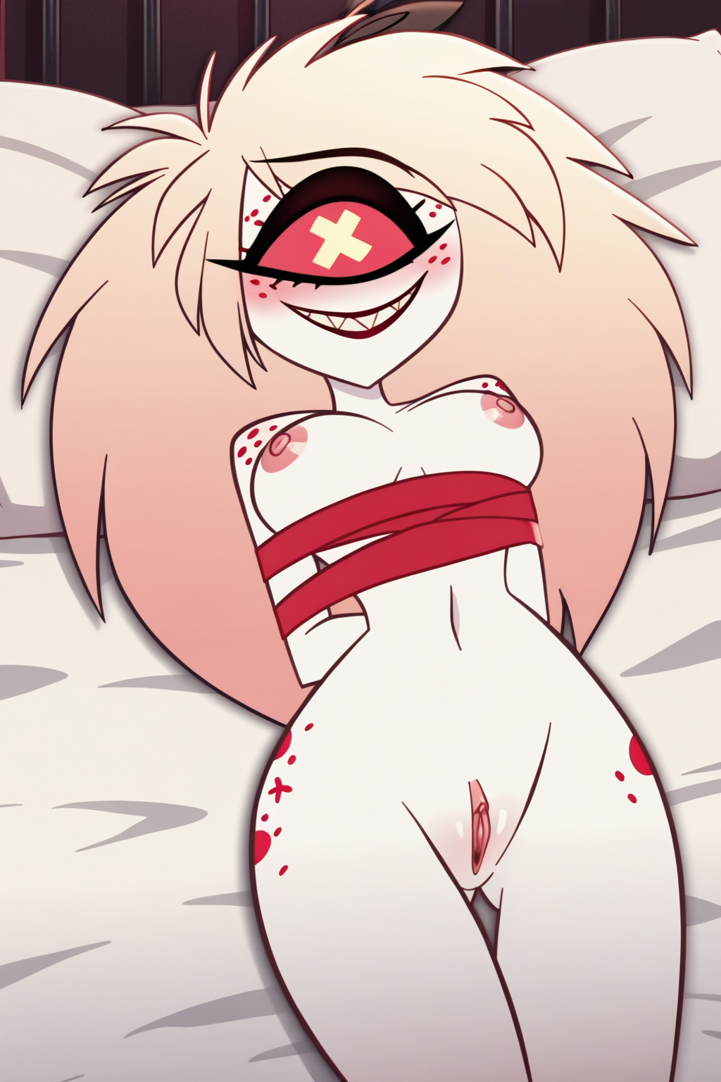 ai generated, bed, bedroom, bondage, cherri bomb, cherri bomb (hazbin hotel), female, hazbin hotel, ribbon, ribbon bondage, rope bondage
