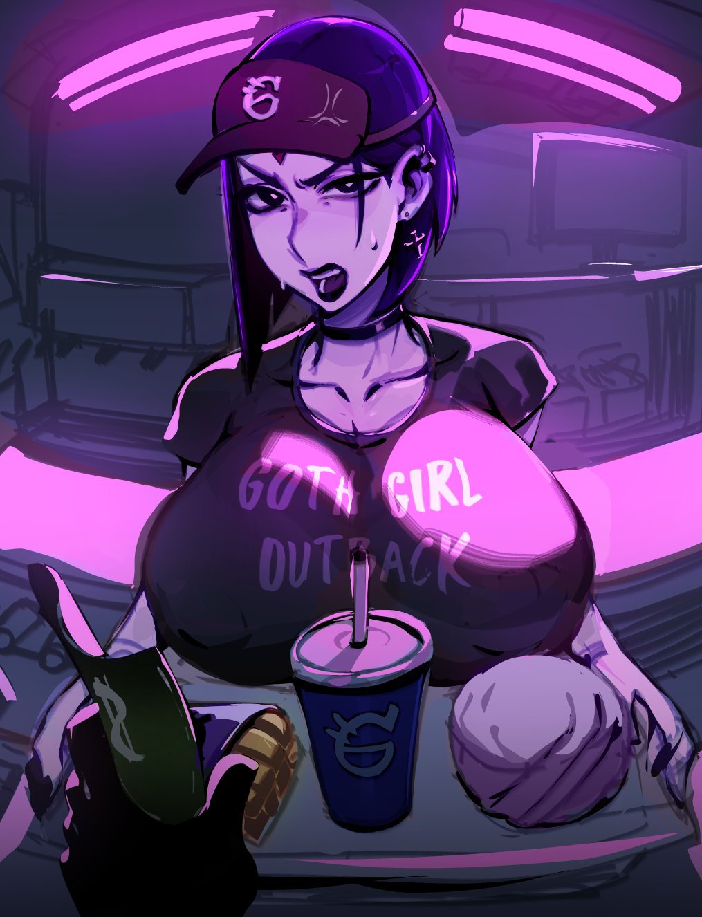 angry angry_face annoyed black_lipstick bojinkoo dc dc_comics drinks food goth_girl goth_girl_outback hat justice_league large_breasts pale_skin purple_hair purple_light rachel_roth raven_(dc) tagme teen_titans textless textless_version tray waitress