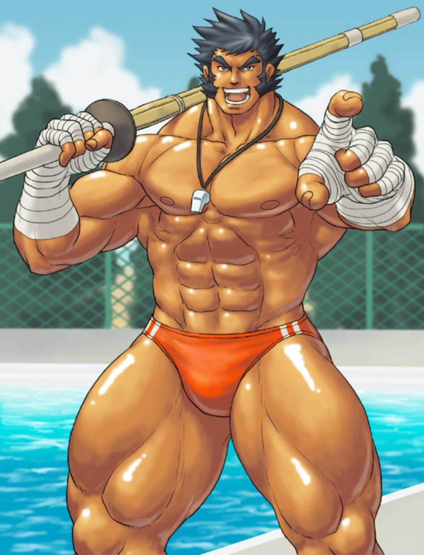 abs bandage bara bulge enthusiastic eyebrows friendly good_mood male_only muscular_male pecs poolside red_speedo smooth_skinned_male speedo