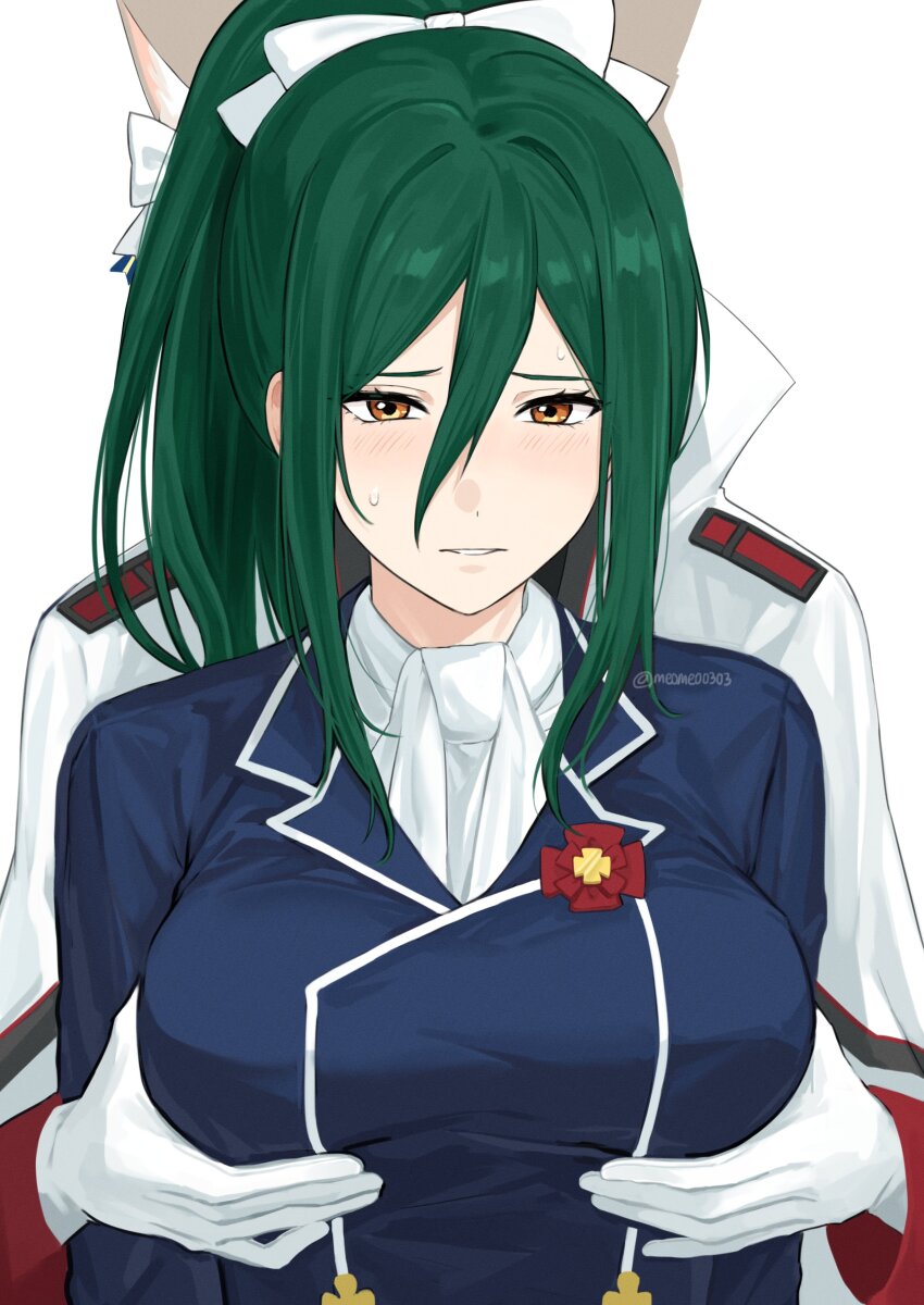 1boy, 1girl, absurdres, animal ears, blush, breasts, brown eyes, cat boy, cat ears, crusch karsten, felix argyle, gloves, grabbing another's breast, green hair, groping, hair between eyes, hair ribbon, highres, large breasts, long hair, long sleeves, meomeo0303, military uniform, ponytail, re:zero kara hajimeru isekai seikatsu, ribbon, shirt, sidelocks, white gloves, white ribbon, white shirt