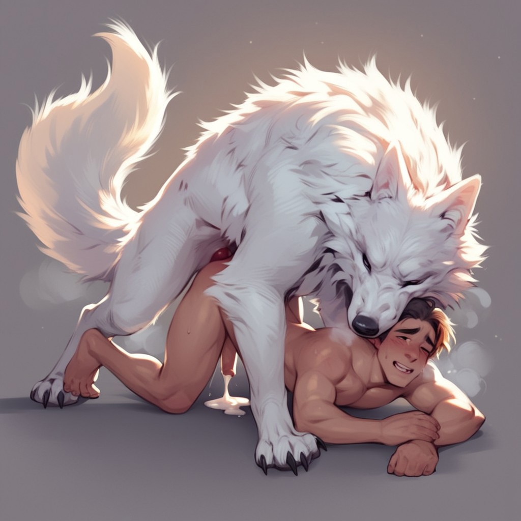 ai_generated anthro_penetrating_human dominant_feral feral_on_human feral_on_male gay gay_sex knot male muscular muscular_male nuzzling tagme white_wolf wolf yaoi zoophilia