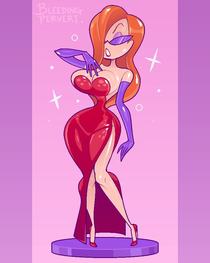 1girls big_breasts bleedingpervert dollification female_focus high_heels huge_breasts jessica_rabbit knick_knack lipstick long_gloves narrow_waist purple_gloves purple_sunglasses red_dress red_high_heels solo sunglasses sunnification transformation who_framed_roger_rabbit wide_hips