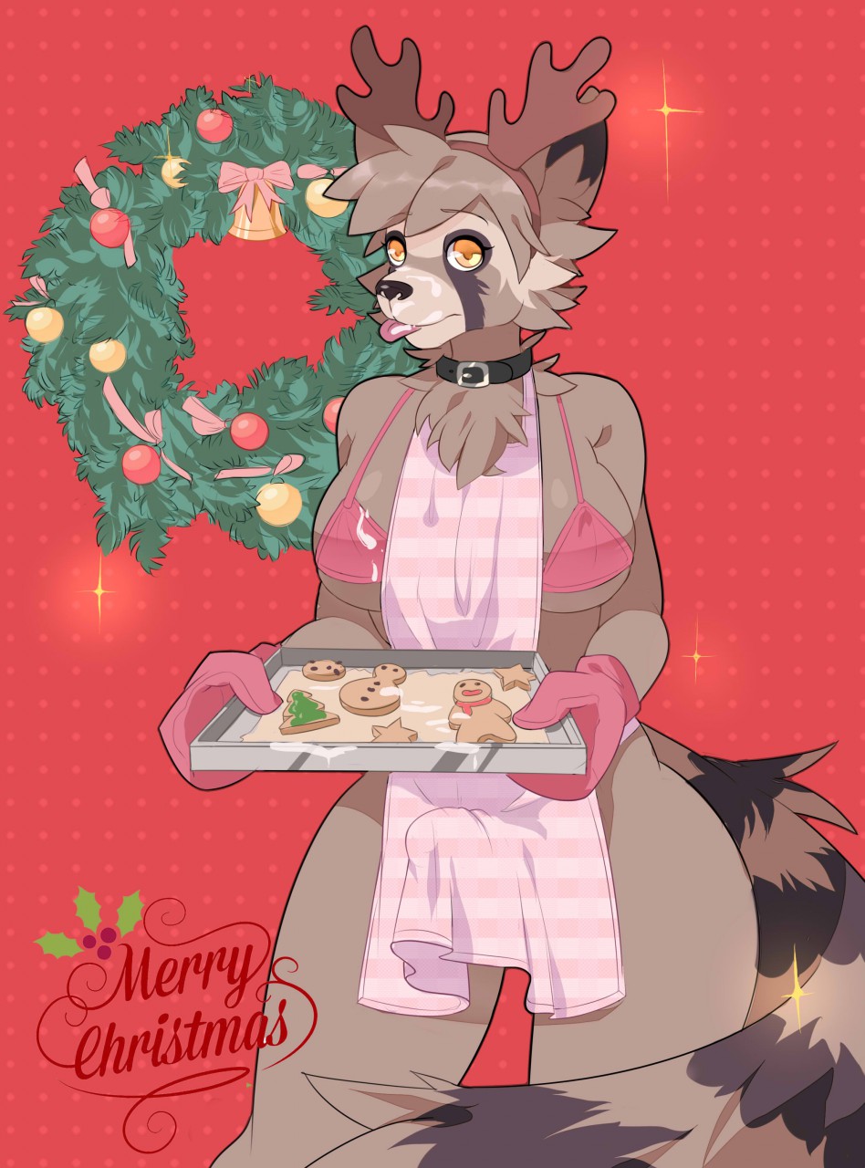 1futa 2017 animal_humanoid apron black_nose bra breasts brown_fur bulge christmas collar cookie cum cum_on_breasts cum_on_face cum_on_food cum_on_tongue fluffy fluffy_tail food fur furry futa_only futanari holidays holly_(plant) intersex large_breasts mammal moiyablochki penis plant procyonid raccoon ryai_(character) seasonal short_hair solo tongue underwear yellow_eyes