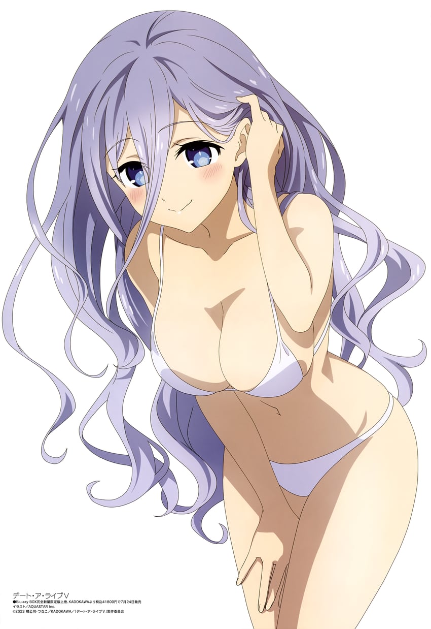 bare_arms bare_belly bare_legs bare_shoulders bare_thighs belly_button bent_over big_breasts bikini blue_eyes blush breasts cleavage date_a_live hand_on_thigh long_hair megami_magazine mouth_closed official_art purple_hair smile takamiya_mio thighs white_bikini