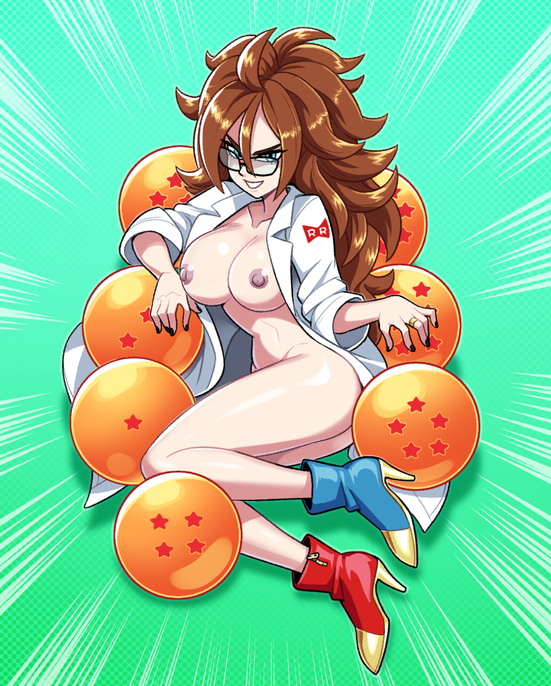 1girls android_21 android_21_(human) areolae big_breasts blue_eyes breasts brown_hair datskelebutt dragon_ball dragon_ball_(object) dragon_ball_fighterz dragon_ball_super dragon_ball_z female glasses huge_breasts labcoat large_breasts nipples nude seductive solo solo_female thick_thighs thighs