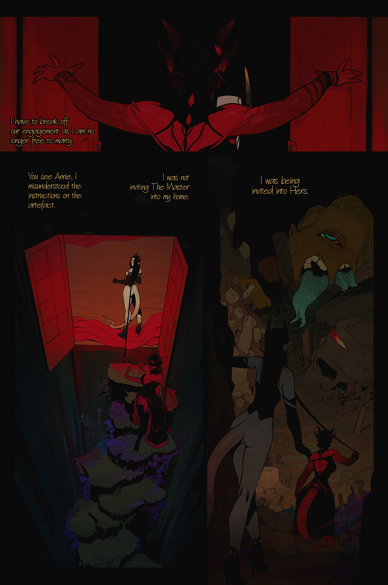 ass, breasts, cleavage, comic, demon, dickgirl, futanari, horns, incase, intersex, leash, text, the invitation (comic), transformation, william loving iii (incase)