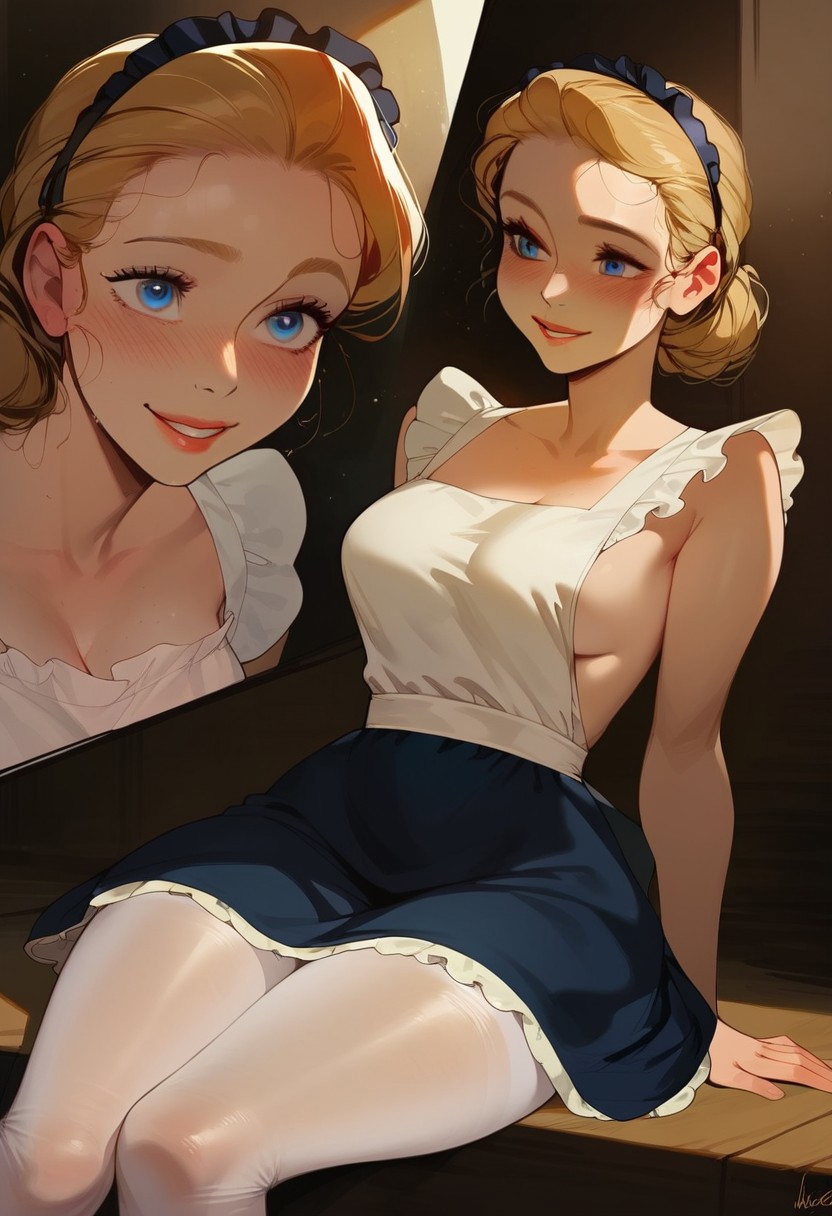 ai_generated alice_(disney) alice_in_wonderland alice_liddell blonde_female blonde_hair blonde_hair_female blue_eyes curvy disney disney_channel disney_princess maid maid_dress maid_outfit maid_uniform sadtomato shy shy_expression sitting smile yellow_hair