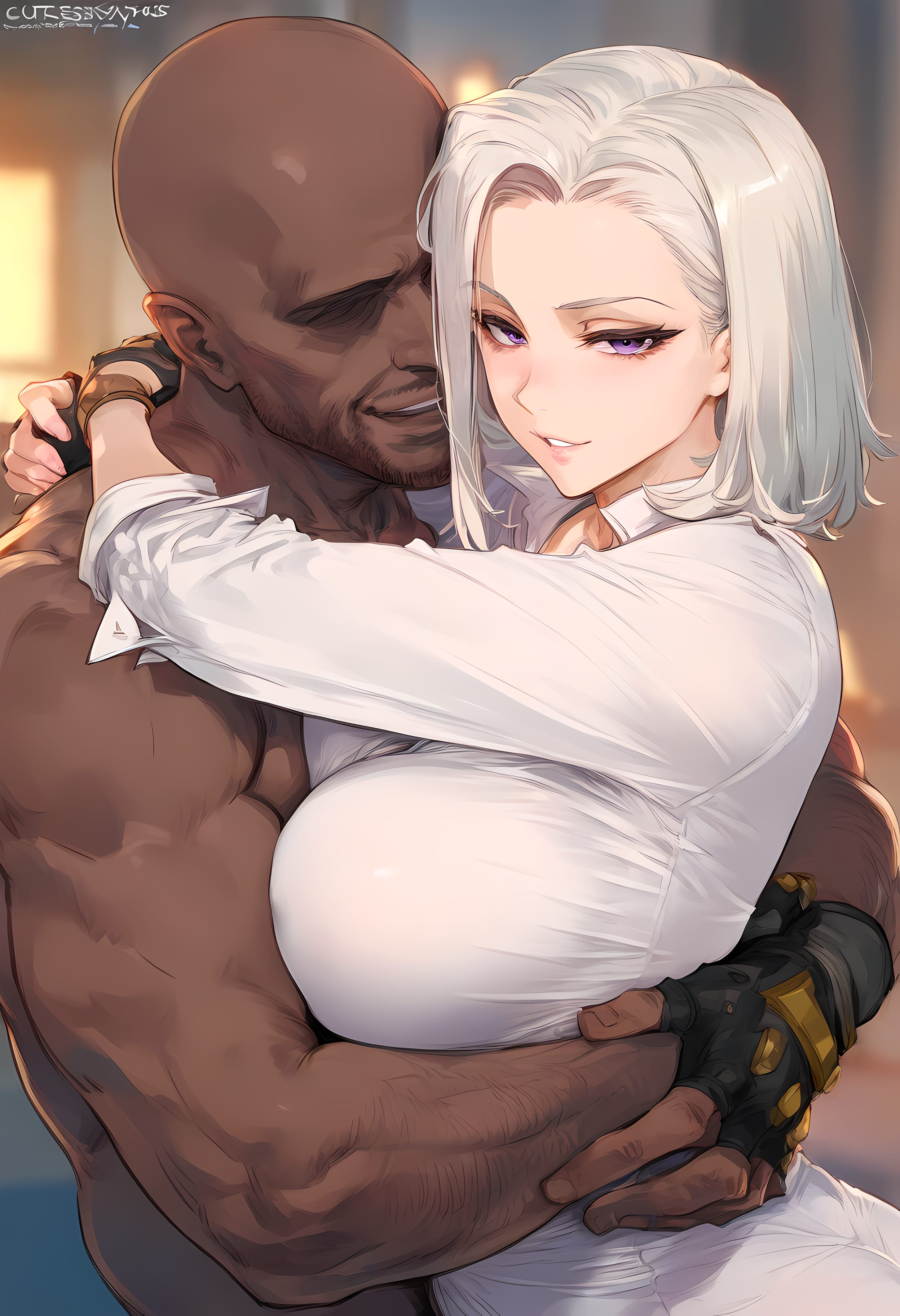 1boy, 1girls, ai generated, ashe (overwatch), bald, bangs, black gloves, blurry, blurry background, blush, breast press, breasts, clothing, collared shirt, completely nude, curvaceous, curvaceous female, curvaceous figure, curvy, curvy figure, dark skin, dark-skinned male, dress shirt, faceless, faceless male, female, female focus, fingerless gloves, gloves, grin, hug, huge breasts, interracial, large breasts, long hair, long sleeves, looking at viewer, male, masculine male, nakatori, nude, overwatch, overwatch 2, parted lips, purple eyes, shirt, short hair, smile, straight, voluptuous, voluptuous female, white hair, white shirt