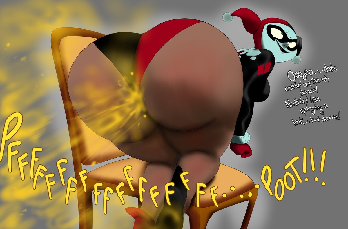 1girls ass barrybbeesly batman:_the_animated_series big_ass chair clown clown_girl dark-skinned_female dc dc_comics facepaint fart fart_fetish farting female harley_quinn jester jester_outfit on_chair pleasure_face smelly_ass text thick_ass thick_female thick_thighs