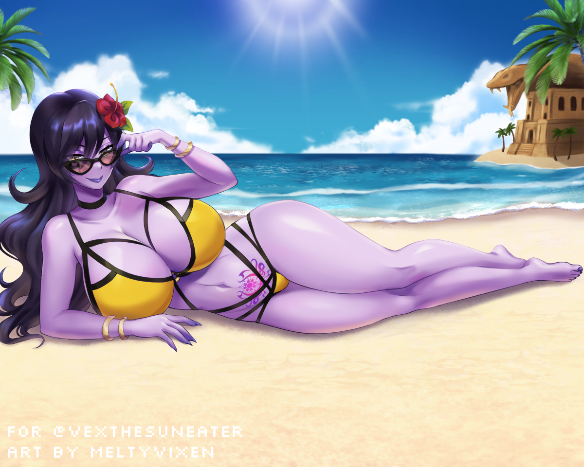 1girls, beach, big breasts, black hair, breasts, female, flower in hair, indie virtual youtuber, meltyvixen, milf, mommy, mommy milkers, mother, sunglasses, swimsuit, tagme, tattoo, twitch, vexoria the sun eater, virtual youtuber, womb tattoo, yellow eyes