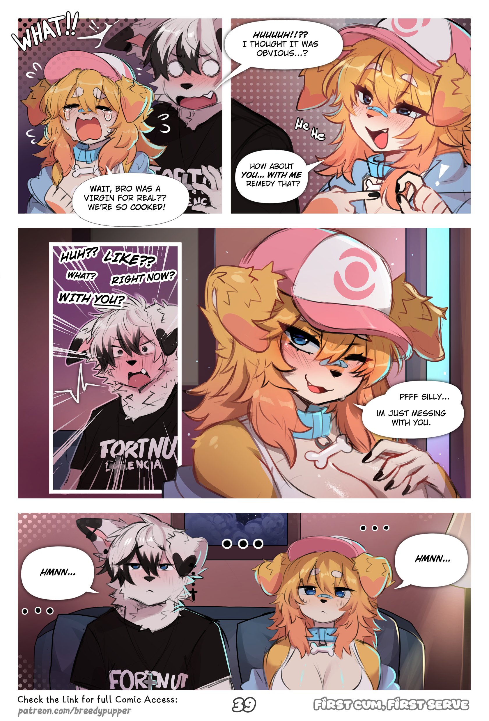 5koma, absurd res, big breasts, blue (breedypupper), breasts, breedypupper, canine, clothing, comic, crying, cute, dialogue, duo, embarrassed, emotional, english text, female, furry, hi res, imminent sex, implied sex, jackie (breedypupper), male, male/female, mammal, nintendo, pokemon, text, url, virgin, white fur, wholesome, yellow fur