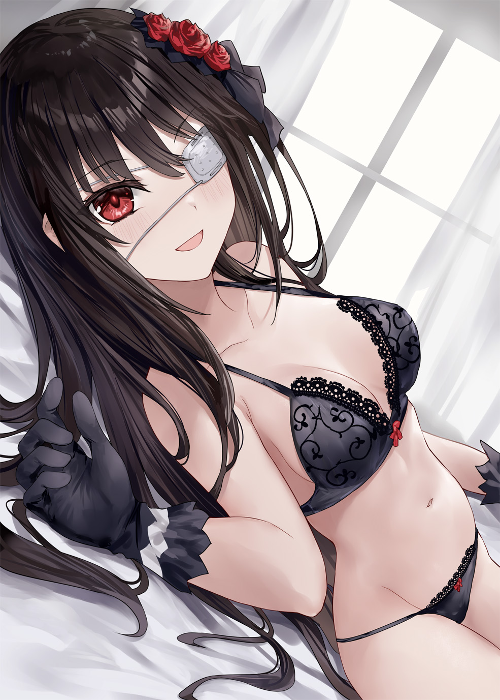 asle black_gloves black_hair black_lingerie date_a_live eyepatch slender_body slender_waist tokisaki_kurumi