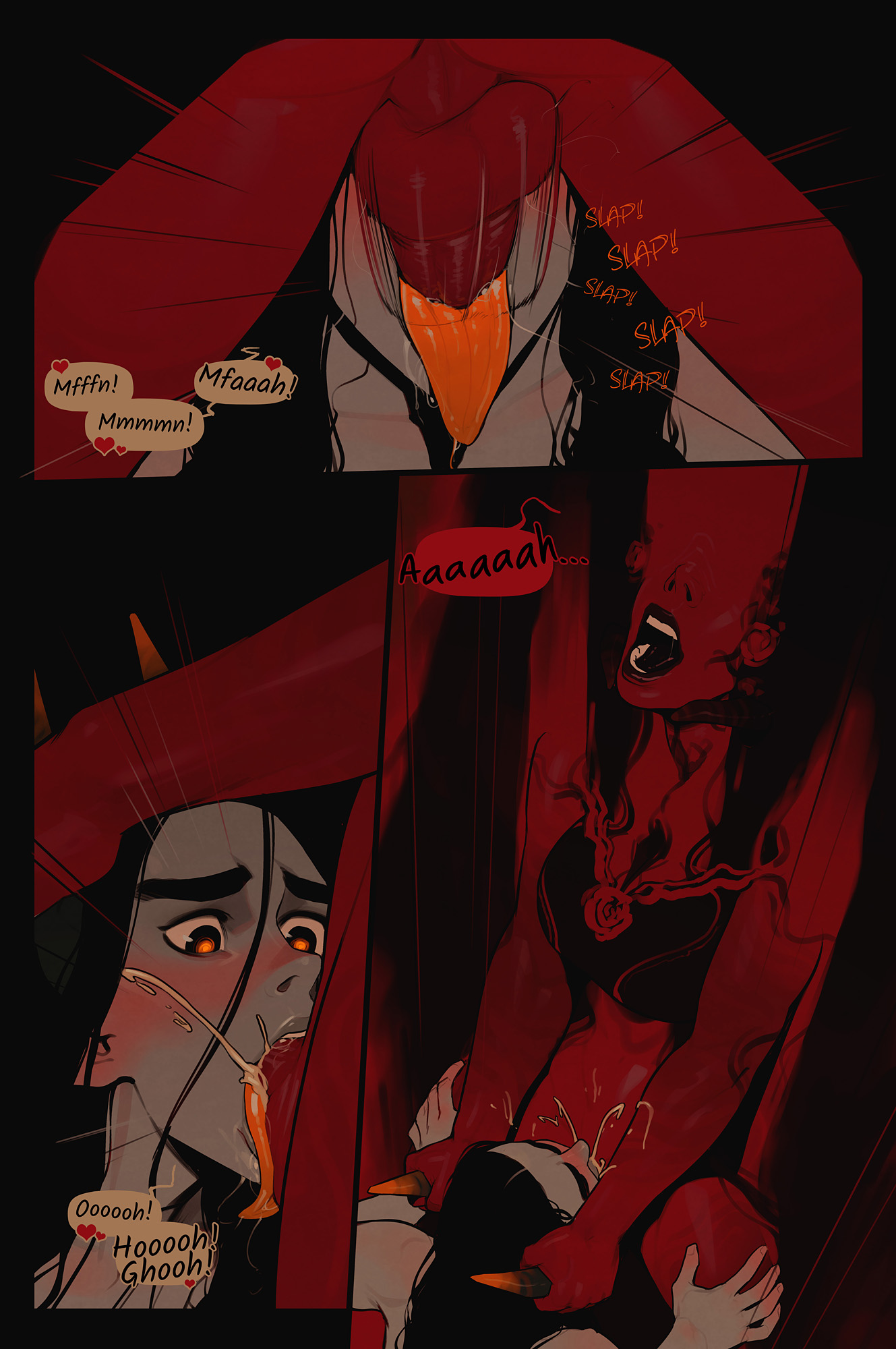 areolae, breasts, cleavage, comic, cum, cum in mouth, cum inside, deepthroat, demon, dickgirl, dickgirl/dickgirl, erection, fellatio, futa only, futanari, horns, incase, intersex, nipples, open mouth, oral, penis, text, the invitation (comic), tongue, tongue out, william loving iii (incase)