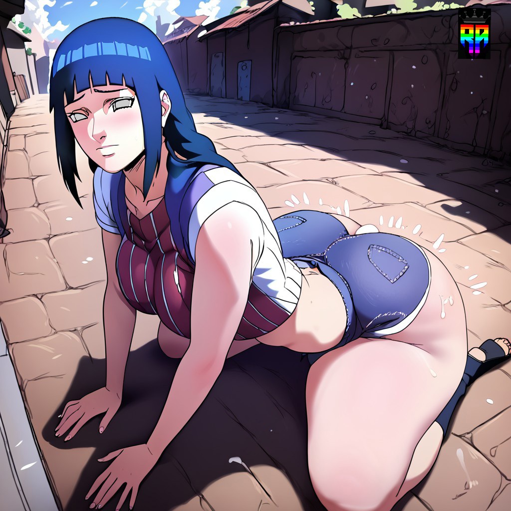 ai generated, ass, big ass, blush, breasts, cute face, female, hyuuga hinata, massive breasts, naruto, naruto (series), naruto shippuden, repartz, small waist, thick thighs