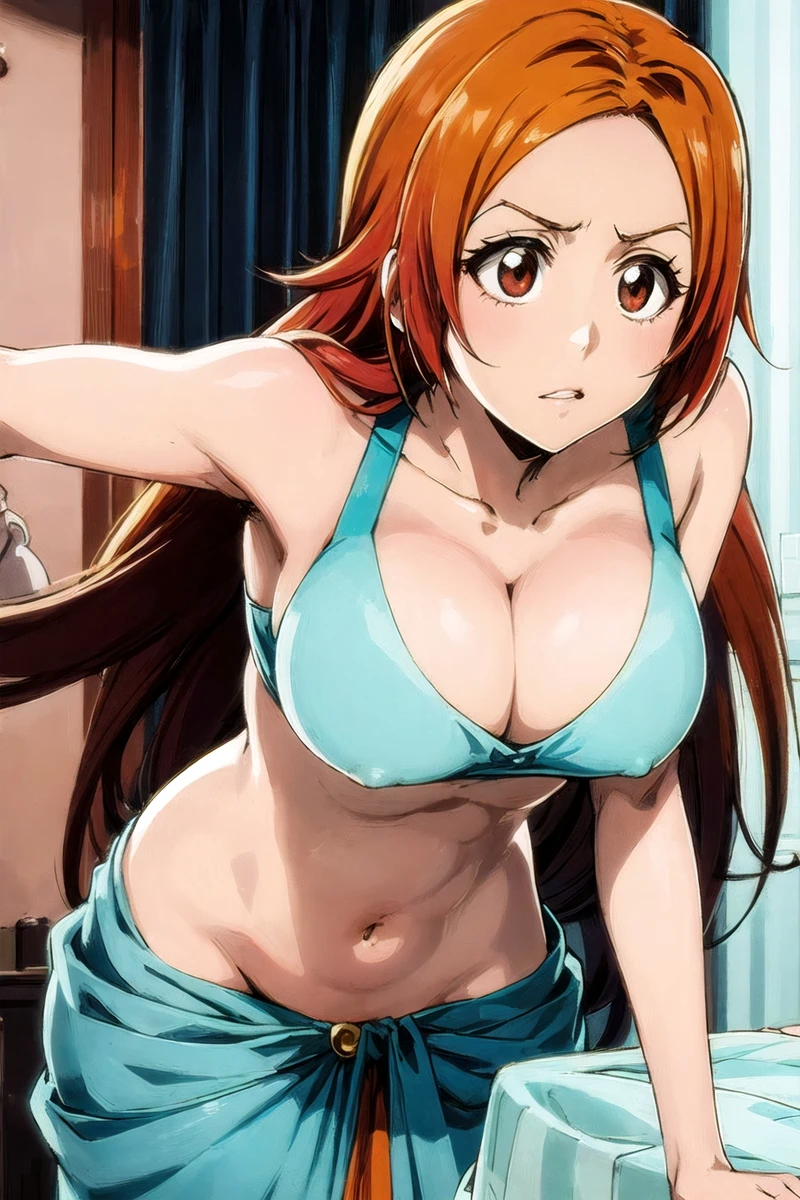 1girls ai_generated belly_button bending_forward big_eyes bleach blue_saree collarbone ghost141000 harem_outfit inoue_orihime light-skinned_female mature_female medium_breasts navel orange_hair partially_clothed revealing_clothes saree sari