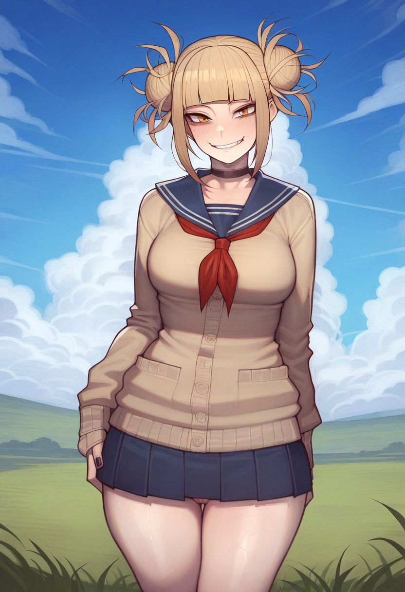 1girls, ai generated, ass, big ass, big butt, big nipples, big thighs, blonde hair, blush, boku no hero academia, breasts, female, female focus, female only, himiko toga, huge ass, huge butt, huge nipples, huge thighs, medium breasts, messy, messy hair, my hero academia, pussy, school uniform, skirt, standing, thighs, toga himiko, wanuze, wide hips, yellow eyes