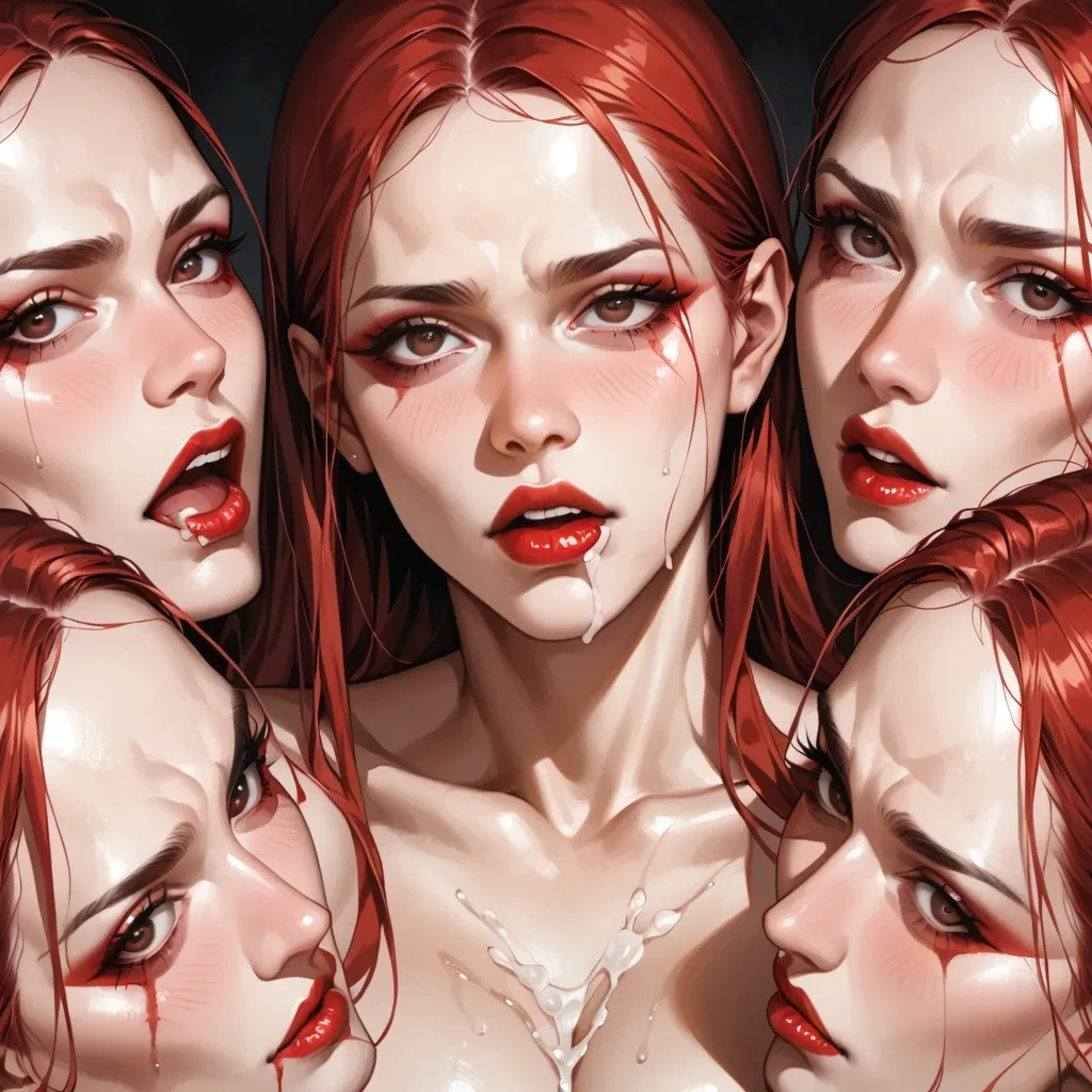 5girls ai_generated allison_eckhart clone clones covered_in_cum earrings long_hair milf multiple_girls naked red_hair scp-2565 scp_foundation white_body