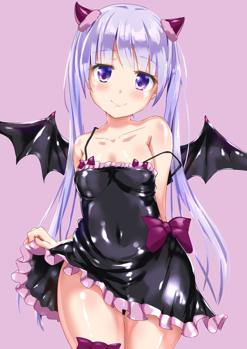 black dress, breasts, clothing, collarbone, demon, demon girl, demon horns, demon wings, demoness, dress, dress lift, female, fully clothed, horns, long hair, looking at viewer, new game!, perky nipples, petite, petite body, petite breasts, petite female, purple eyes, purple hair, shiny clothes, simple background, smile, solo, standing, succubus, suzukaze aoba, wings, young female